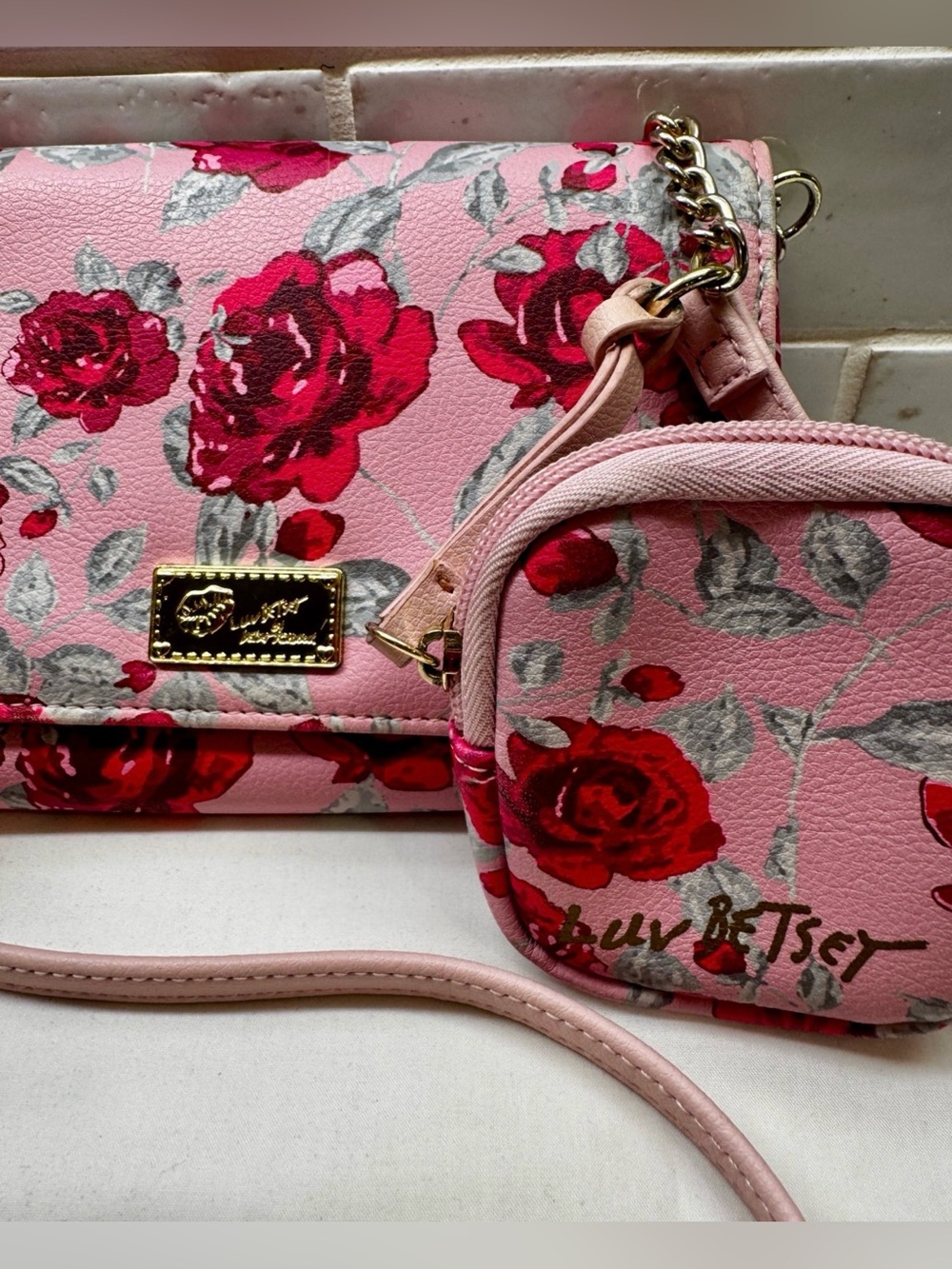 Betsey Johnson Pink Floral Crossbody with Rose Print and Coin Pouch